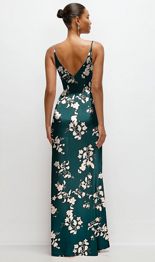 Back View - Vintage Primrose Evergreen Floral Pleated Faux Wrap Satin Maxi Dress with Adjustable Spaghetti Straps