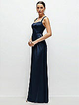 Side View Thumbnail - Midnight Navy Shaped Strap Portrait Neckline Fluid Satin Maxi Dress with Full Skirt