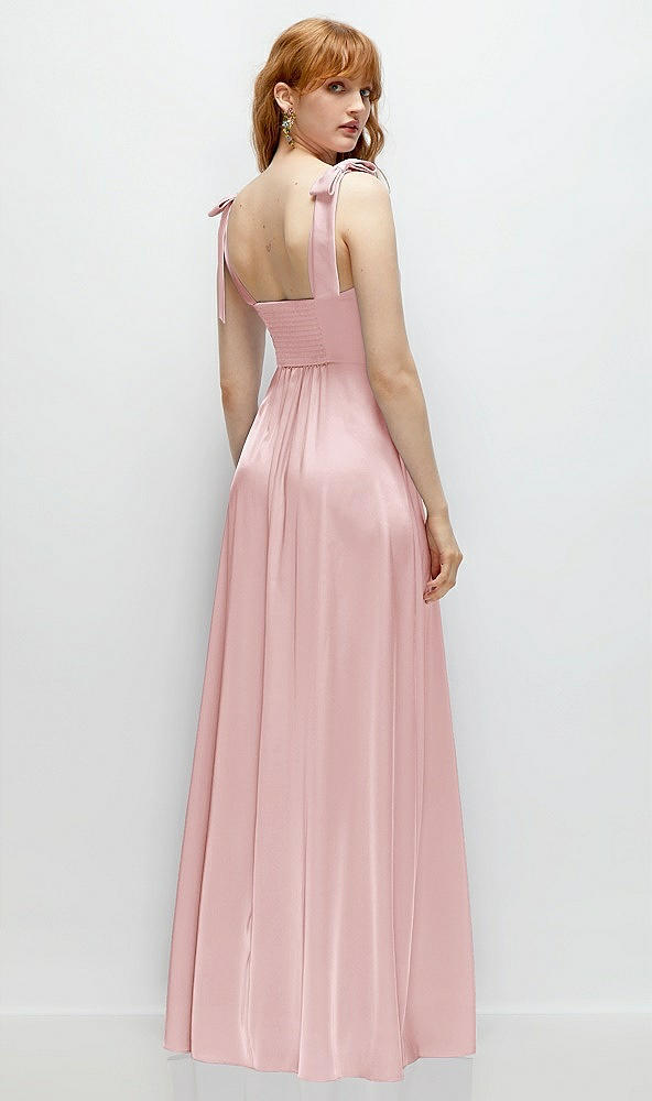 Back View - Ballet Pink Square Neck Fluid Satin Maxi Dress with Bow Straps 