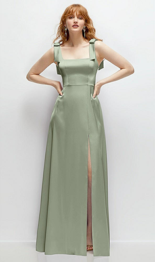 Front View - Sage Square Neck Fluid Satin Maxi Dress with Bow Straps 