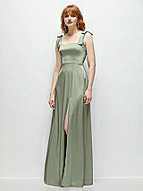 Side View Thumbnail - Sage Square Neck Fluid Satin Maxi Dress with Bow Straps 