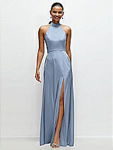 Front View Thumbnail - Cloudy Band Collar Halter Open Back Fluid Satin Maxi Dress with Self-Tie Bow