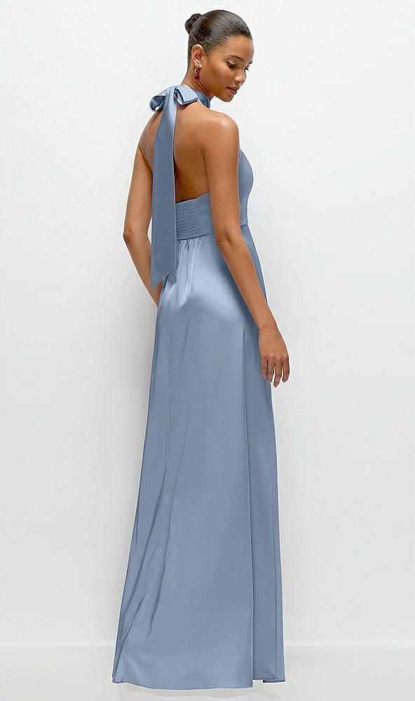 Back View - Cloudy Band Collar Halter Open Back Fluid Satin Maxi Dress with Self-Tie Bow