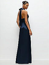 Rear View Thumbnail - Midnight Navy Band Collar Halter Open Back Fluid Satin Maxi Dress with Self-Tie Bow