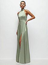 Side View Thumbnail - Sage Band Collar Halter Open Back Fluid Satin Maxi Dress with Self-Tie Bow