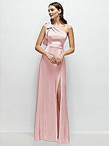 Front View Thumbnail - Ballet Pink Bow One-Shoulder Fluid Satin Maxi Dress with Full Skirt