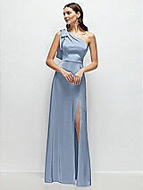 Front View Thumbnail - Cloudy Bow One-Shoulder Fluid Satin Maxi Dress with Full Skirt