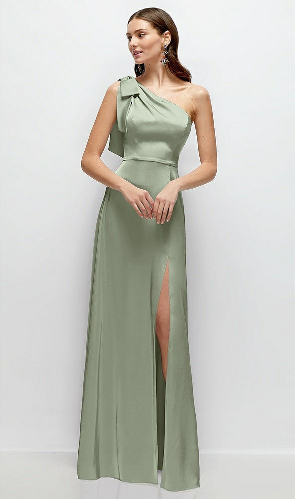 Front View - Sage Bow One-Shoulder Fluid Satin Maxi Dress with Full Skirt