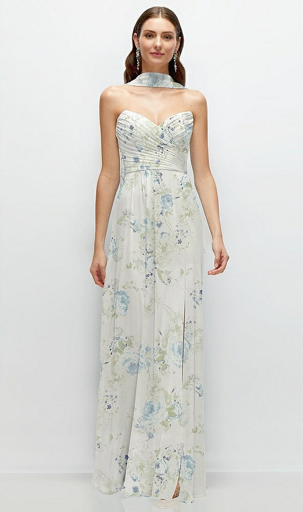 Front View - Bleu Garden Strapless Pleated Surplice Chiffon Maxi Dress with A-Line Skirt