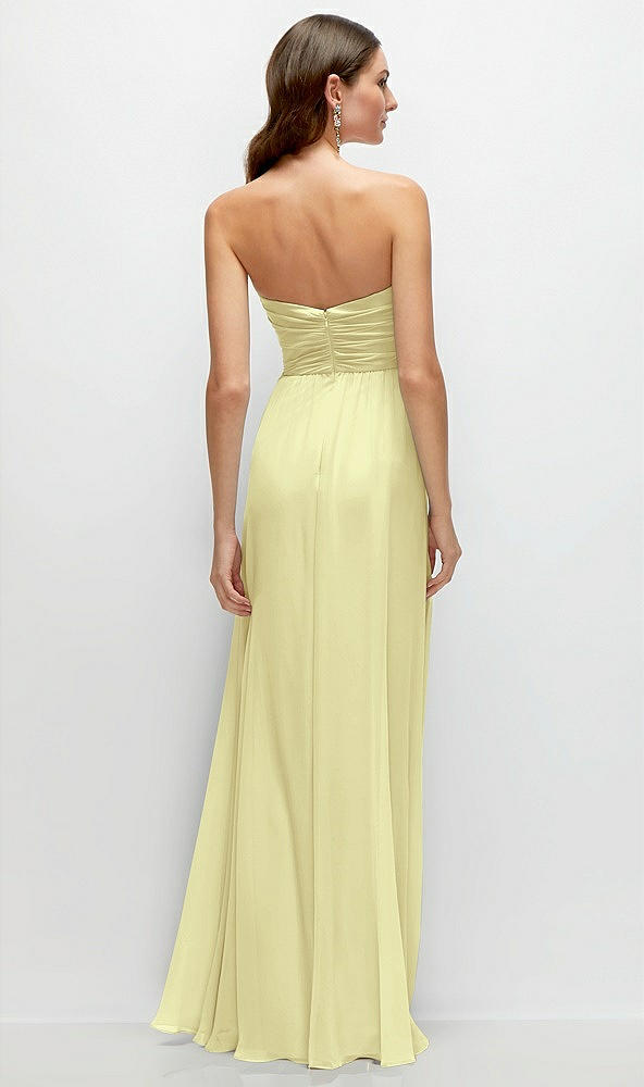 Back View - Butter Yellow Strapless Pleated Surplice Chiffon Maxi Dress with A-Line Skirt