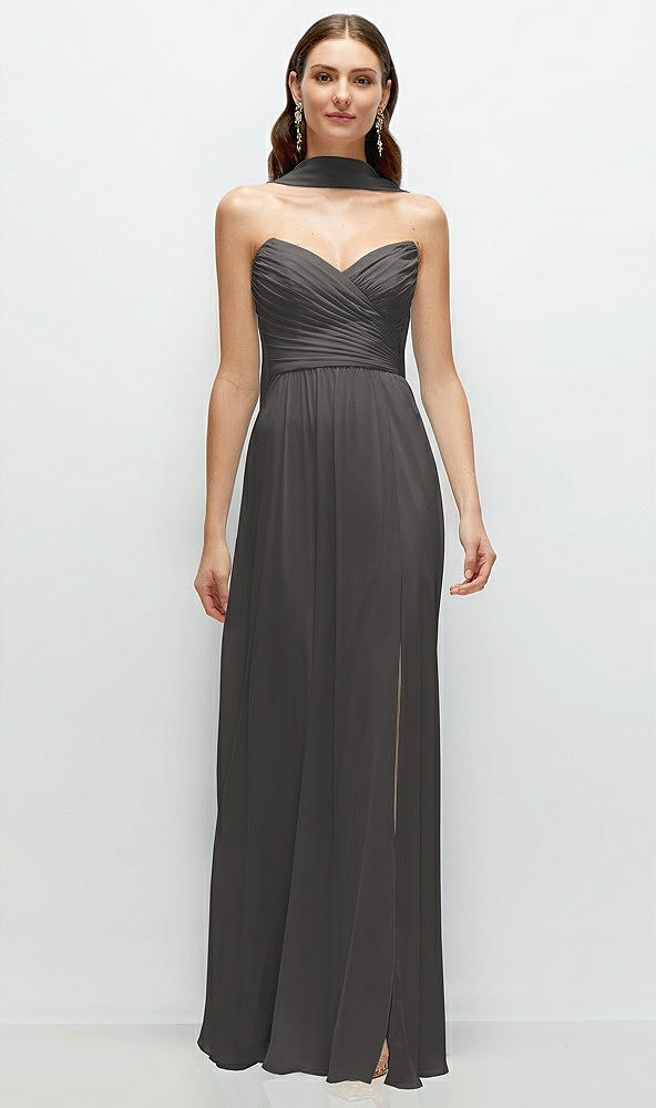 Front View - Caviar Gray Strapless Pleated Surplice Chiffon Maxi Dress with A-Line Skirt