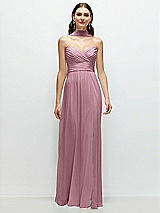 Front View Thumbnail - Dusty Pink Strapless Pleated Surplice Chiffon Maxi Dress with A-Line Skirt