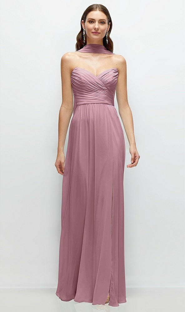 Front View - Dusty Pink Strapless Pleated Surplice Chiffon Maxi Dress with A-Line Skirt