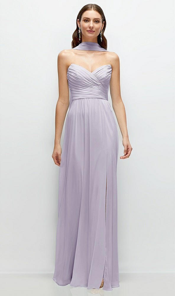 Front View - Moondance Strapless Pleated Surplice Chiffon Maxi Dress with A-Line Skirt