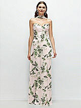 Front View Thumbnail - Palm Beach Print Strapless Pleated Surplice Chiffon Maxi Dress with A-Line Skirt