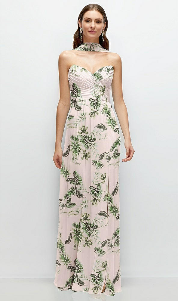 Front View - Palm Beach Print Strapless Pleated Surplice Chiffon Maxi Dress with A-Line Skirt