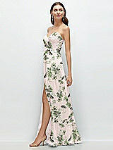 Side View Thumbnail - Palm Beach Print Strapless Pleated Surplice Chiffon Maxi Dress with A-Line Skirt