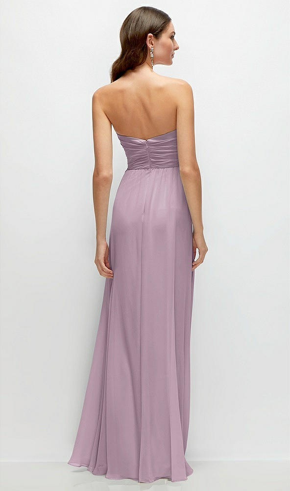 Back View - Suede Rose Strapless Pleated Surplice Chiffon Maxi Dress with A-Line Skirt