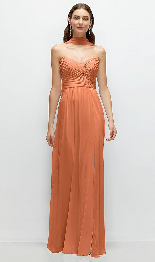 Front View - Sweet Melon Strapless Pleated Surplice Chiffon Maxi Dress with A-Line Skirt