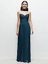 Front View Thumbnail - Atlantic Blue Strapless Pleated Surplice Chiffon Maxi Dress with A-Line Skirt