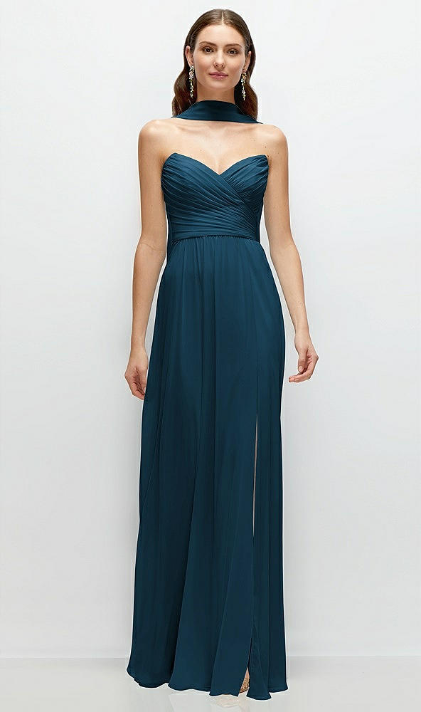 Front View - Atlantic Blue Strapless Pleated Surplice Chiffon Maxi Dress with A-Line Skirt