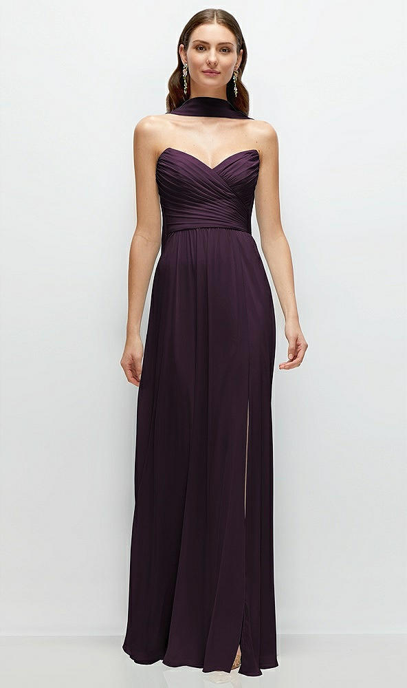 Front View - Aubergine Strapless Pleated Surplice Chiffon Maxi Dress with A-Line Skirt