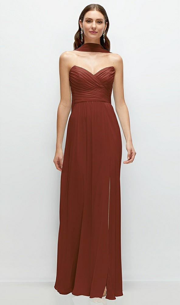 Front View - Auburn Moon Strapless Pleated Surplice Chiffon Maxi Dress with A-Line Skirt