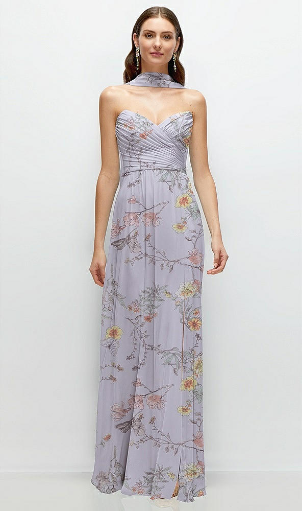 Front View - Butterfly Botanica Silver Dove Strapless Pleated Surplice Chiffon Maxi Dress with A-Line Skirt