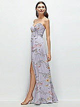 Side View Thumbnail - Butterfly Botanica Silver Dove Strapless Pleated Surplice Chiffon Maxi Dress with A-Line Skirt