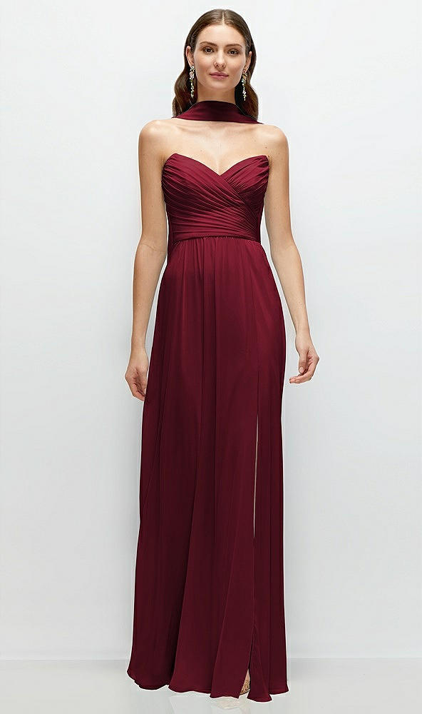 Front View - Burgundy Strapless Pleated Surplice Chiffon Maxi Dress with A-Line Skirt