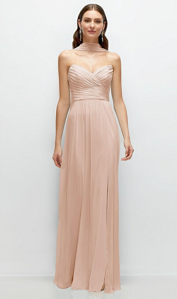 Front View - Cameo Strapless Pleated Surplice Chiffon Maxi Dress with A-Line Skirt