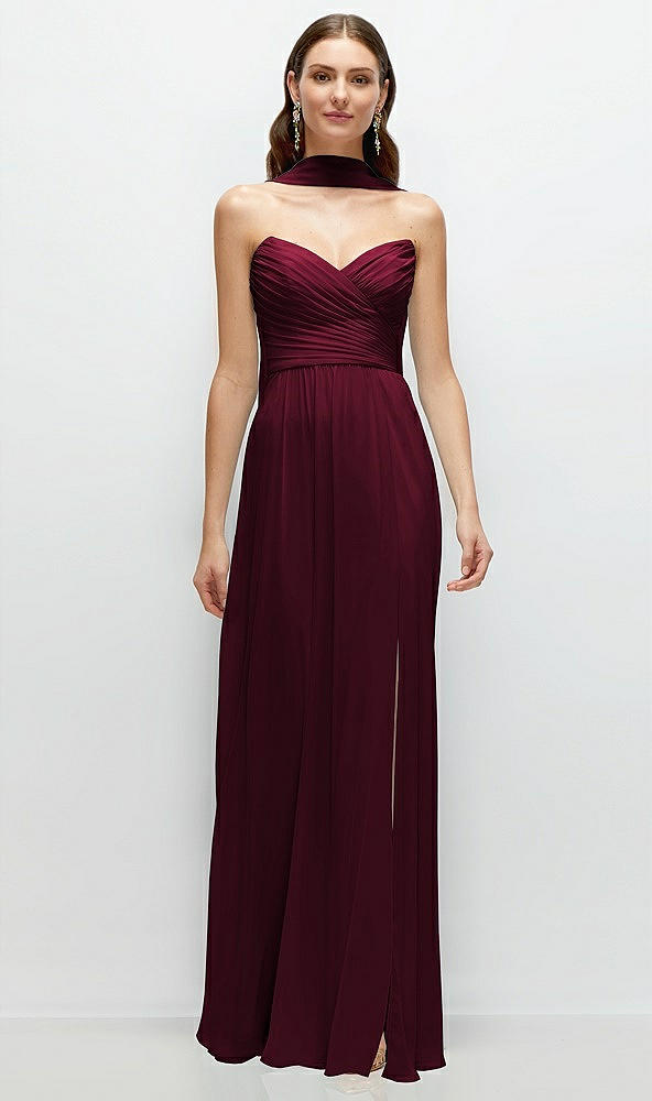 Front View - Cabernet Strapless Pleated Surplice Chiffon Maxi Dress with A-Line Skirt