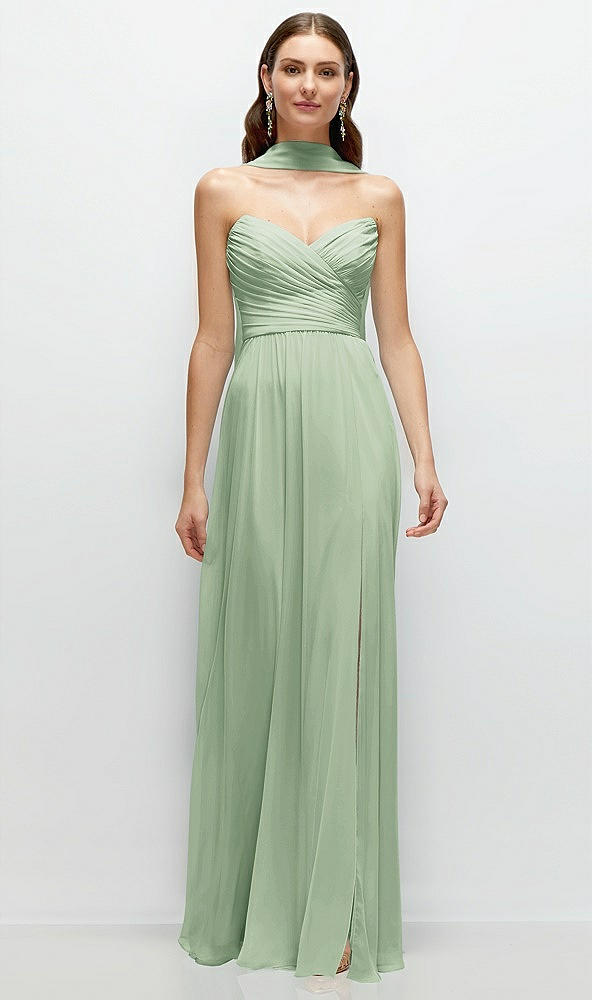 Front View - Celadon Strapless Pleated Surplice Chiffon Maxi Dress with A-Line Skirt