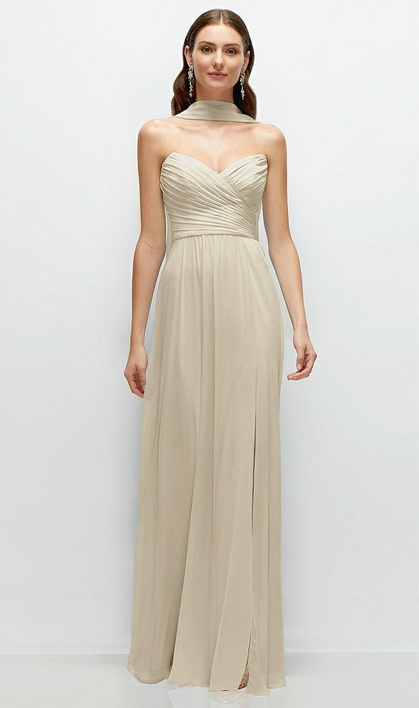 Front View - Champagne Strapless Pleated Surplice Chiffon Maxi Dress with A-Line Skirt