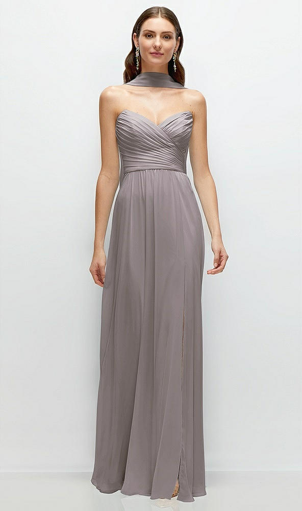 Front View - Cashmere Gray Strapless Pleated Surplice Chiffon Maxi Dress with A-Line Skirt