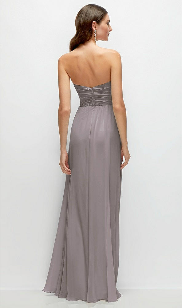 Back View - Cashmere Gray Strapless Pleated Surplice Chiffon Maxi Dress with A-Line Skirt