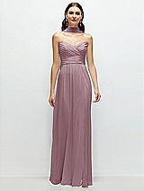 Front View Thumbnail - Dusty Rose Strapless Pleated Surplice Chiffon Maxi Dress with A-Line Skirt