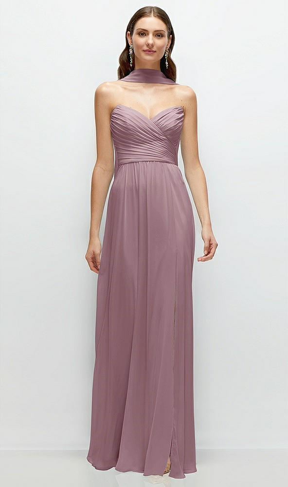 Front View - Dusty Rose Strapless Pleated Surplice Chiffon Maxi Dress with A-Line Skirt