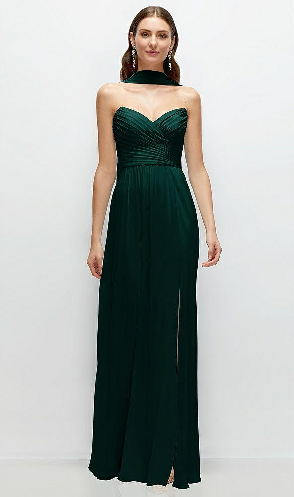 Front View - Evergreen Strapless Pleated Surplice Chiffon Maxi Dress with A-Line Skirt