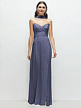 Front View Thumbnail - French Blue Strapless Pleated Surplice Chiffon Maxi Dress with A-Line Skirt