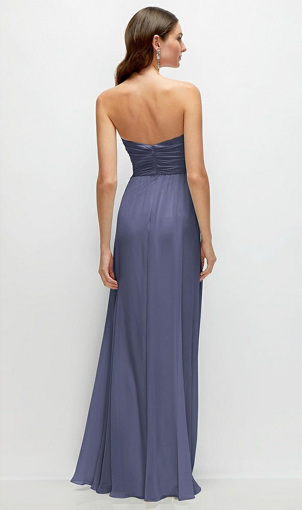 Back View - French Blue Strapless Pleated Surplice Chiffon Maxi Dress with A-Line Skirt