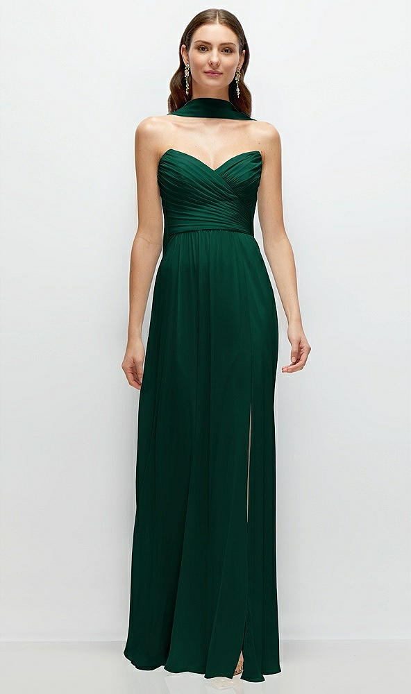 Front View - Hunter Green Strapless Pleated Surplice Chiffon Maxi Dress with A-Line Skirt