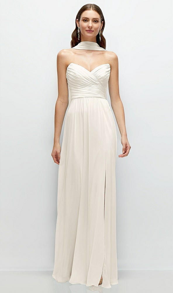 Front View - Ivory Strapless Pleated Surplice Chiffon Maxi Dress with A-Line Skirt