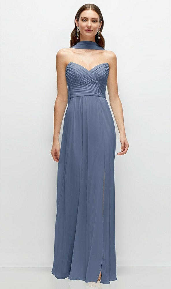 Front View - Larkspur Blue Strapless Pleated Surplice Chiffon Maxi Dress with A-Line Skirt