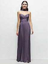 Front View Thumbnail - Lavender Strapless Pleated Surplice Chiffon Maxi Dress with A-Line Skirt