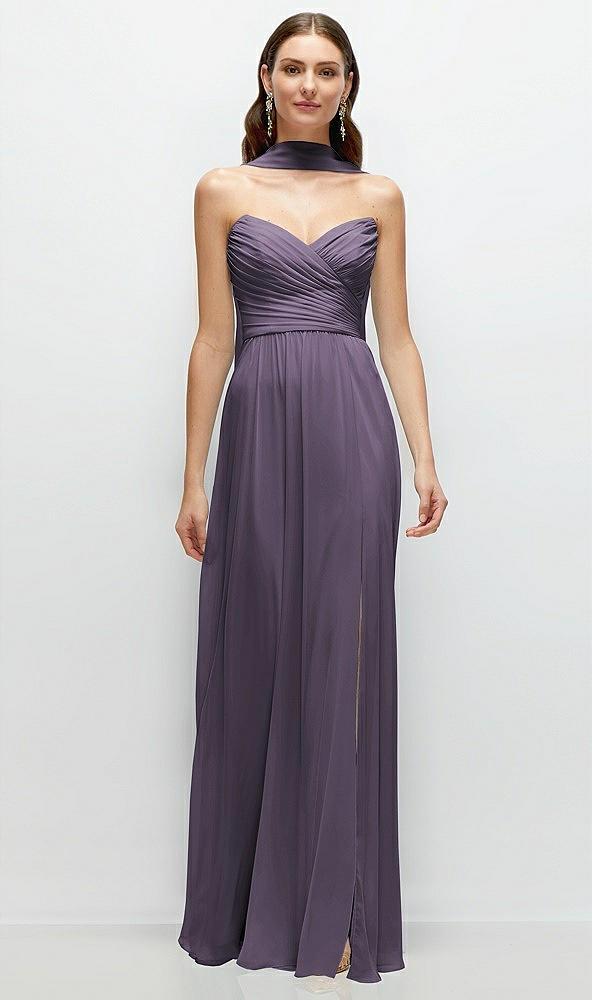 Front View - Lavender Strapless Pleated Surplice Chiffon Maxi Dress with A-Line Skirt