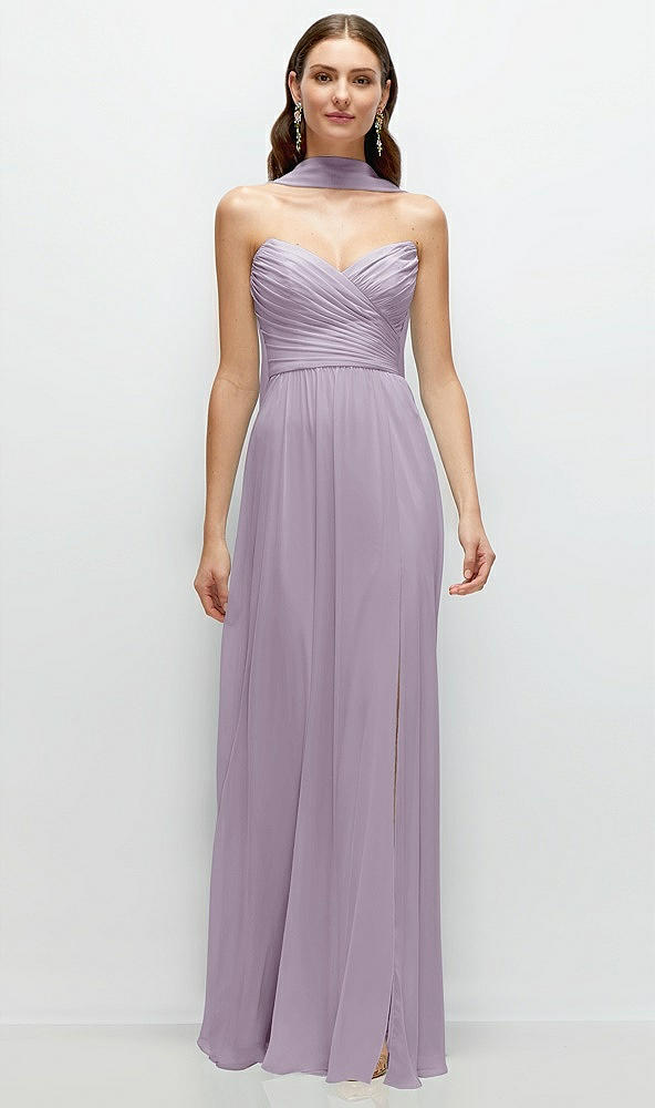 Front View - Lilac Haze Strapless Pleated Surplice Chiffon Maxi Dress with A-Line Skirt