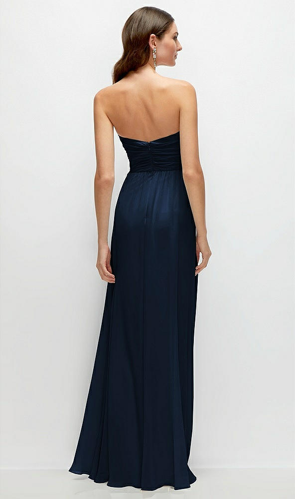 Back View - Midnight Navy Strapless Pleated Surplice Chiffon Maxi Dress with A-Line Skirt