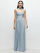 Front View Thumbnail - Mist Strapless Pleated Surplice Chiffon Maxi Dress with A-Line Skirt