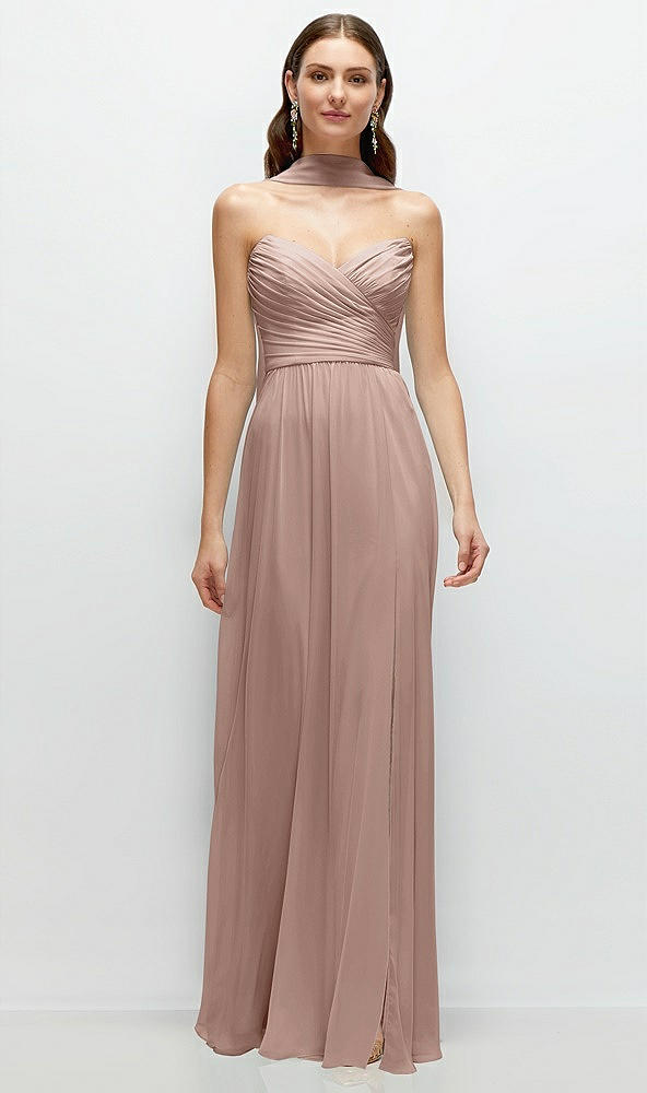 Front View - Neu Nude Strapless Pleated Surplice Chiffon Maxi Dress with A-Line Skirt